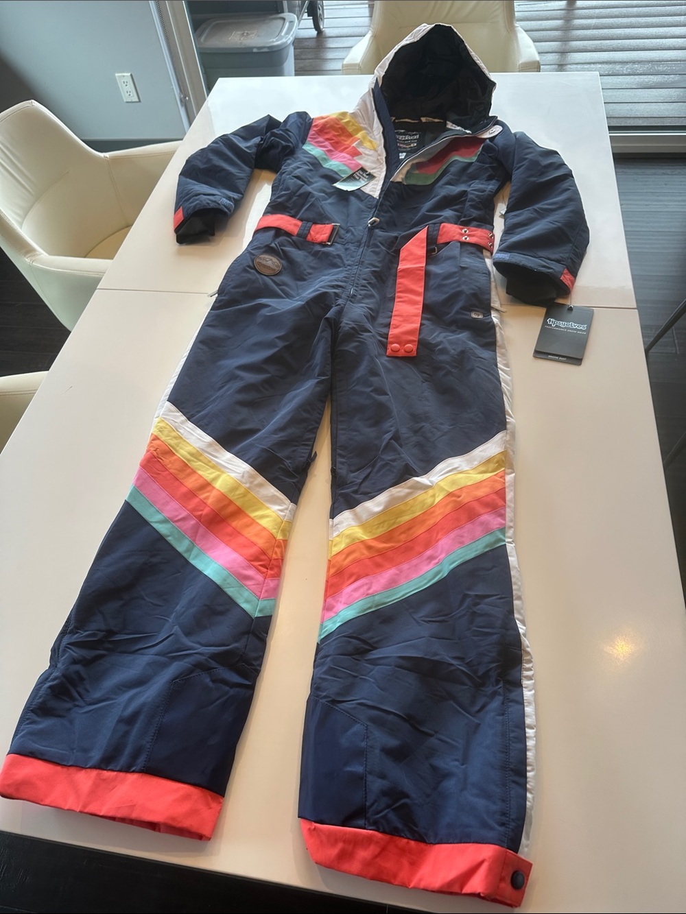 Tipsy Elves Navy Rainbow-Striped Ski Jumpsuit